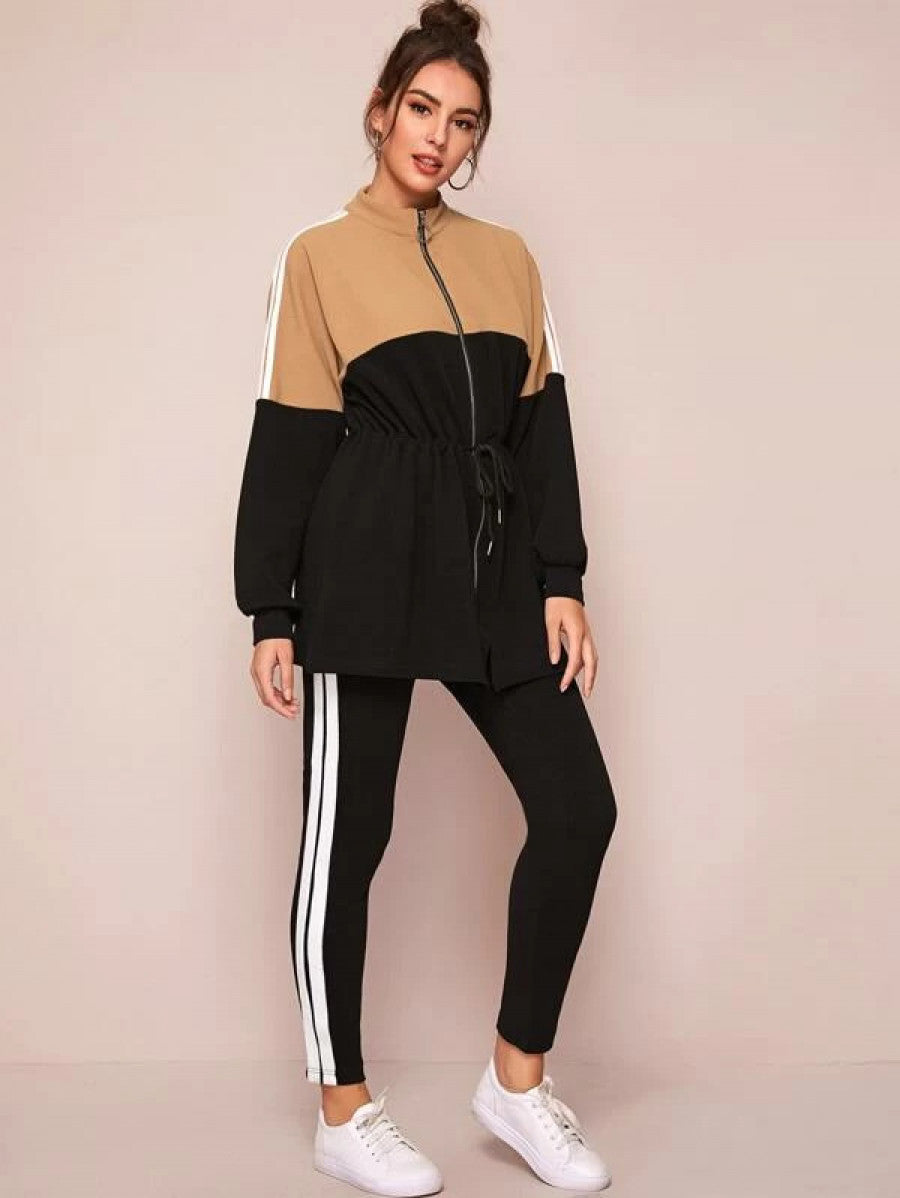 Zip Up Colorblock Sweatshirt & Striped Side Leggings Set