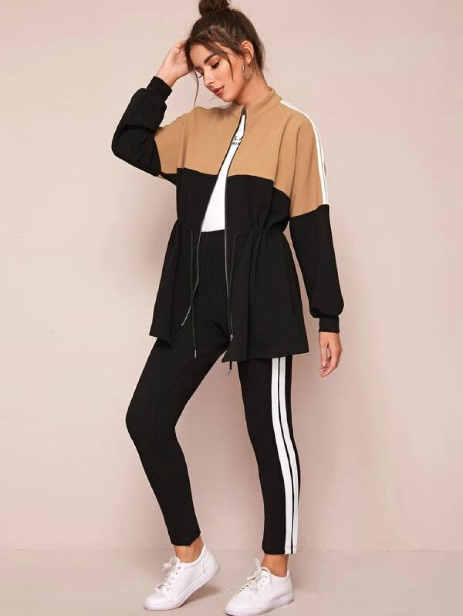 Zip Up Colorblock Sweatshirt & Striped Side Leggings Set