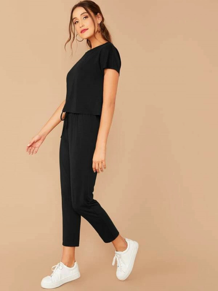 Solid Boxy Tee & Drawstring Ankle-Cut Pants Set