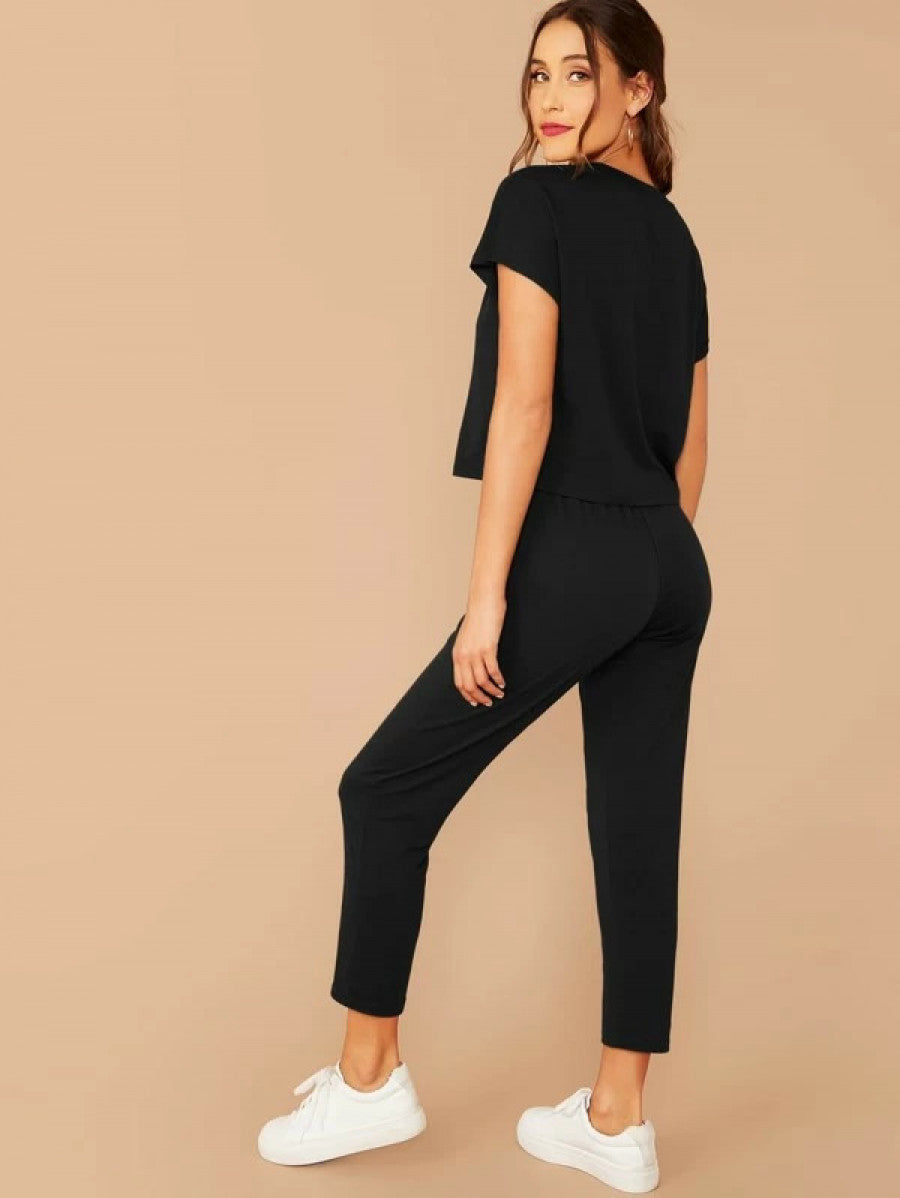 Solid Boxy Tee & Drawstring Ankle-Cut Pants Set