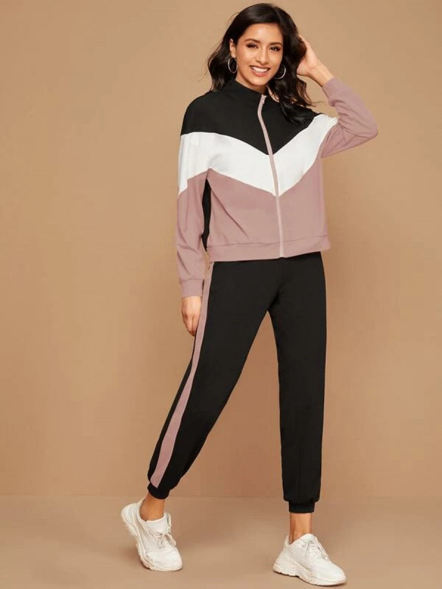 Zip Up Chevron Colorblock Sweatshirt & Joggers Set