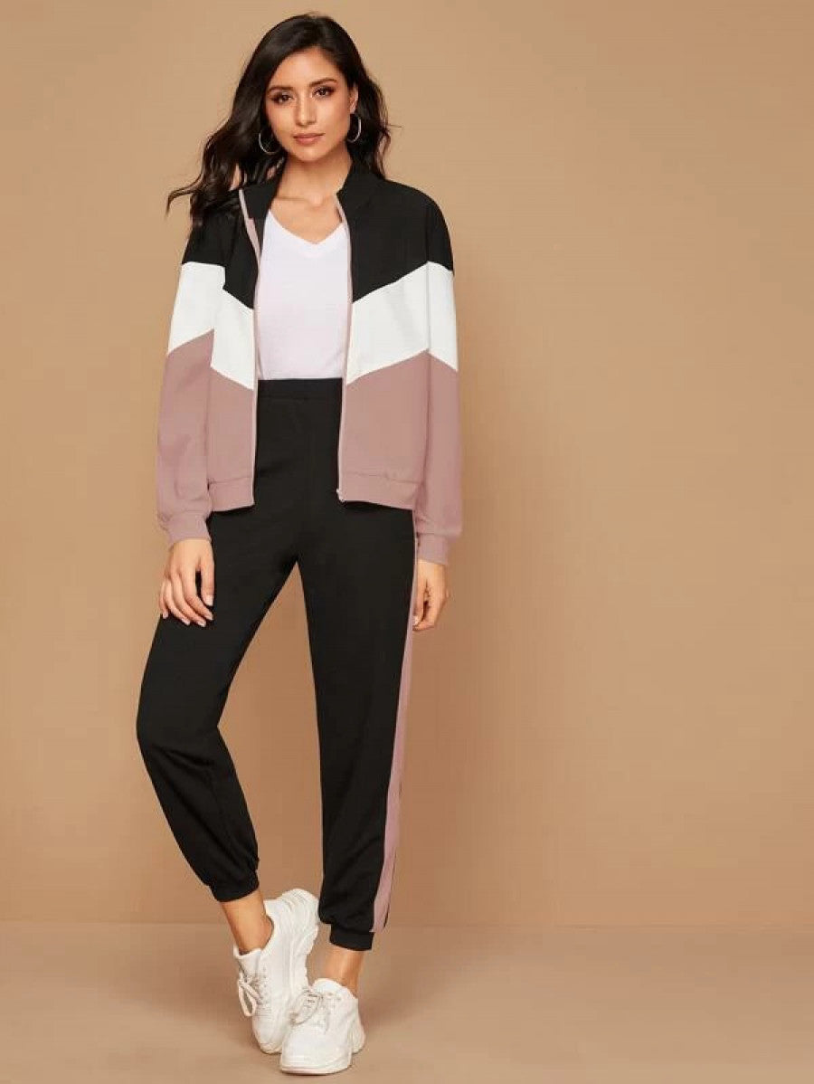 Zip Up Chevron Colorblock Sweatshirt & Joggers Set