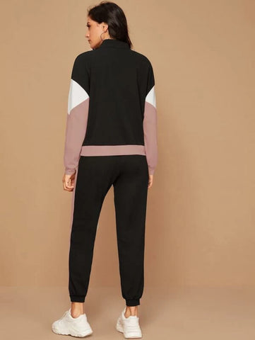 Zip Up Chevron Colorblock Sweatshirt & Joggers Set