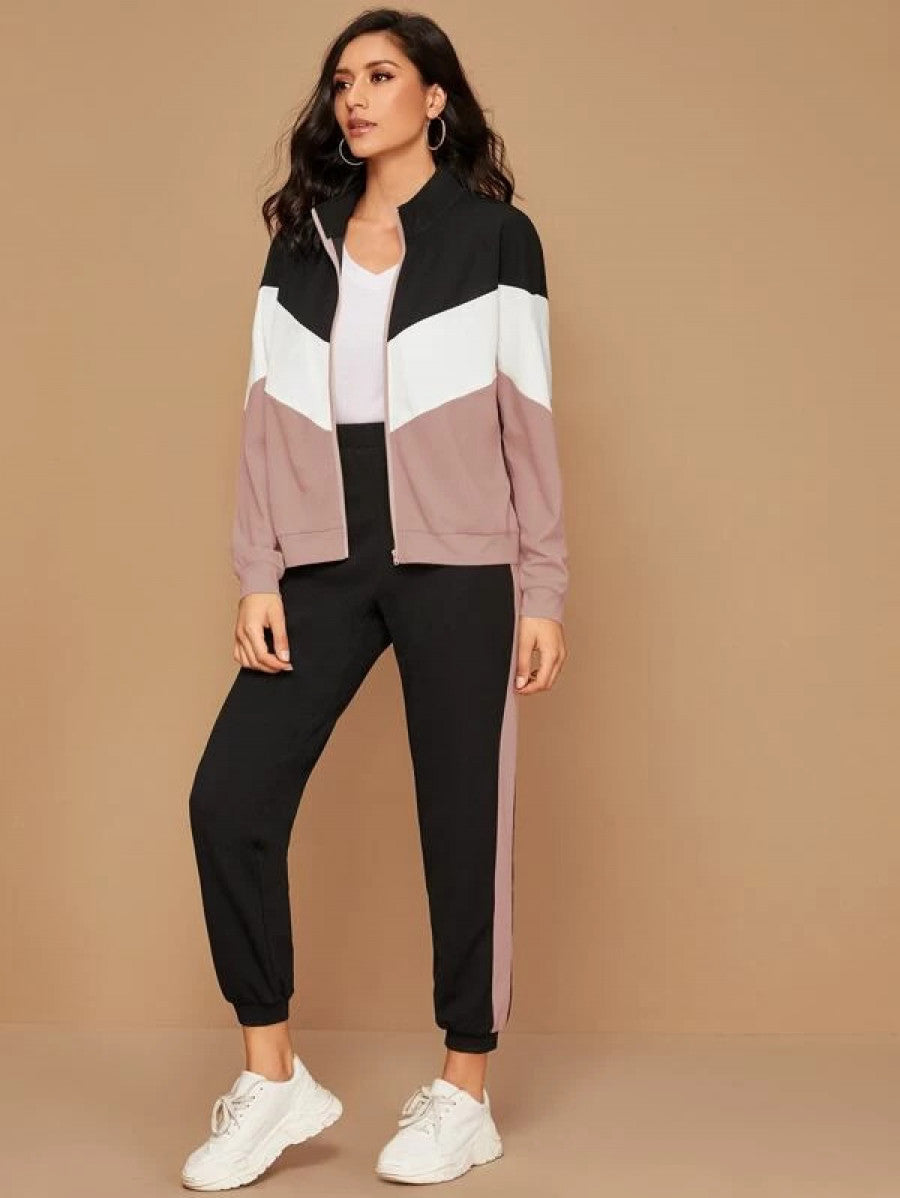 Zip Up Chevron Colorblock Sweatshirt & Joggers Set