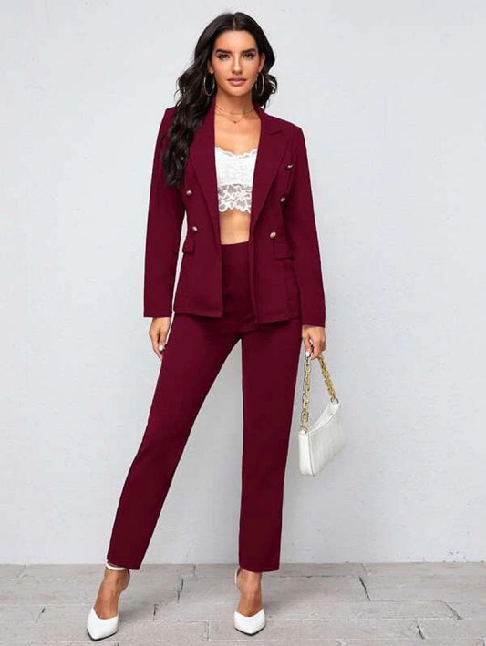 Notch Collar Double Button Blazer and Tailored Pants Set