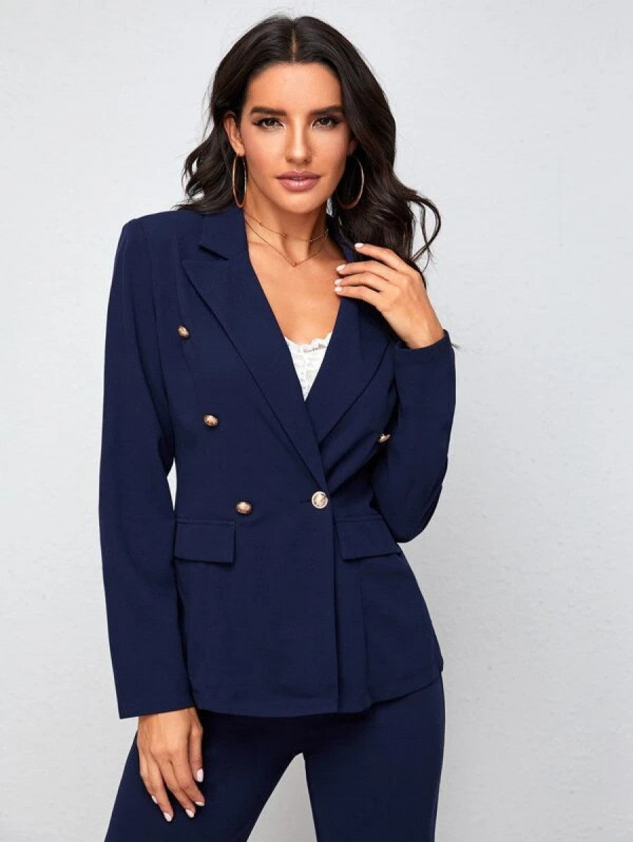 Notch Collar Double Button Blazer and Tailored Pants Set