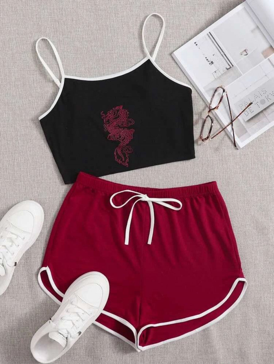 EZwear Dragon Print Contrast Binding Cami & Dolphin Shorts Set