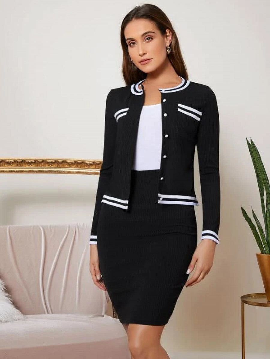 Button Front Striped Trim Top & Bodycon Skirt Set