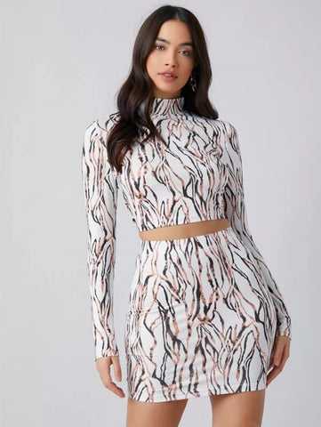 Mock Neck Allover Crop Top & Skirt Set