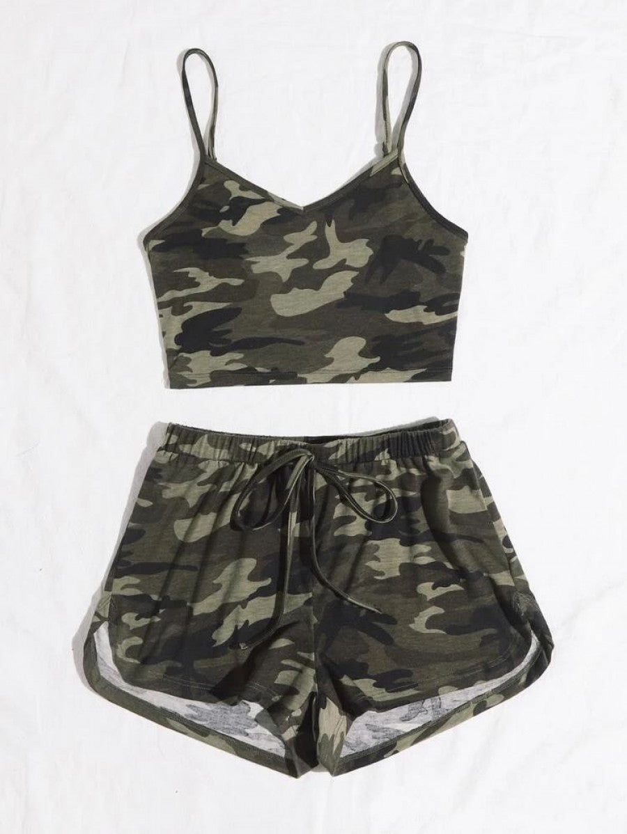 EZwear Camo Print Cami Top and Track Shorts Set