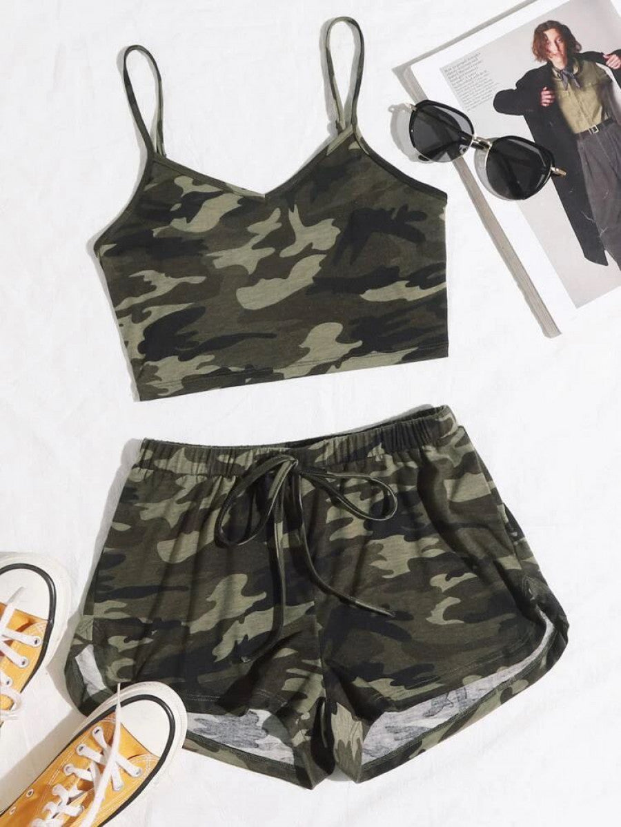 EZwear Camo Print Cami Top and Track Shorts Set