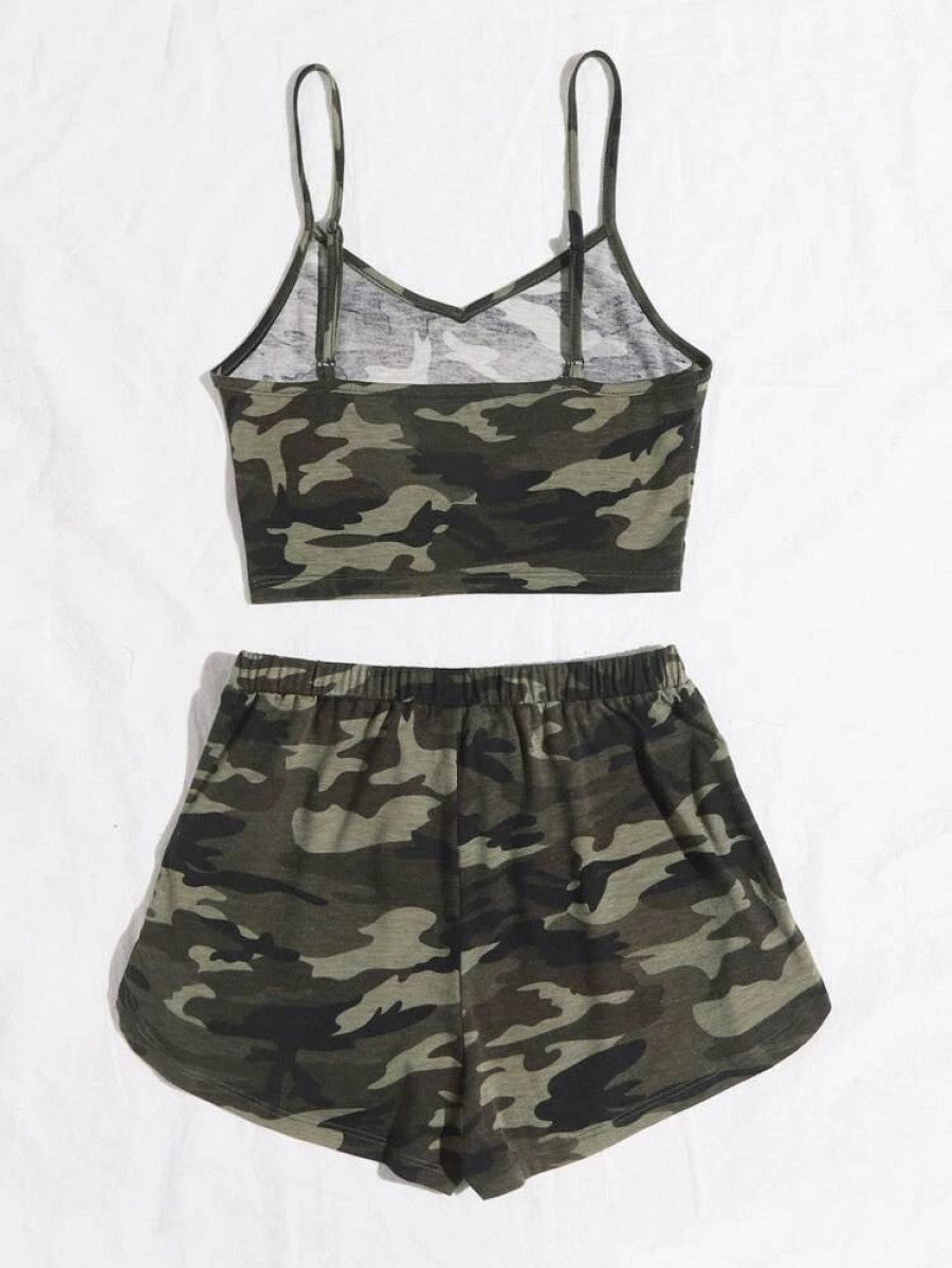 EZwear Camo Print Cami Top and Track Shorts Set