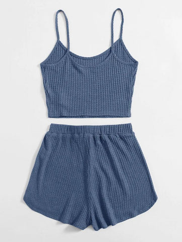 EZwear Waffle Knit Crop Cami Top & Knot Waist Shorts Set