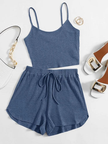 EZwear Waffle Knit Crop Cami Top & Knot Waist Shorts Set