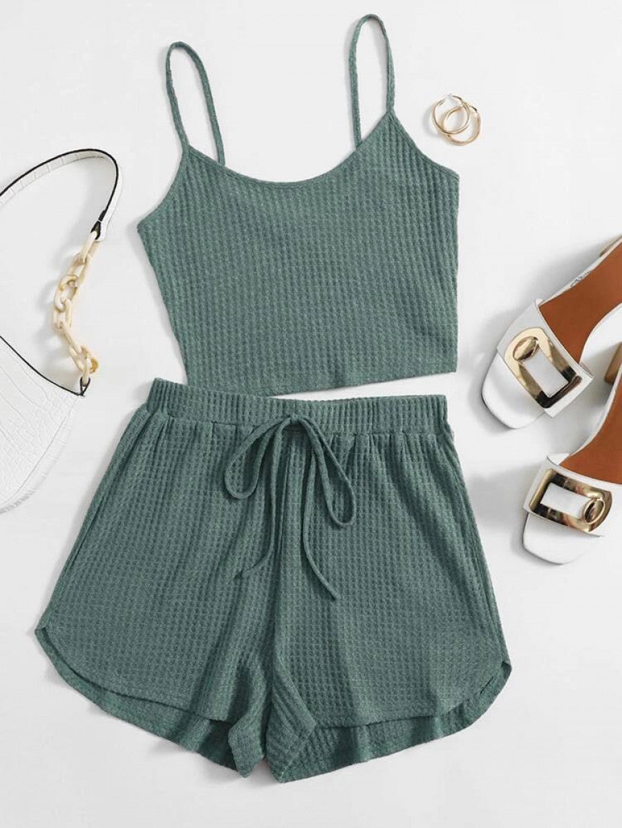 EZwear Waffle Knit Crop Cami Top & Knot Waist Shorts Set