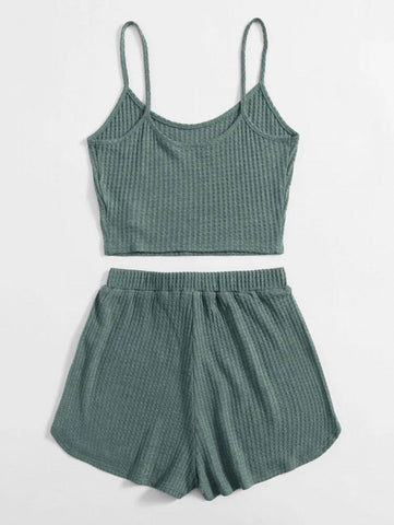 EZwear Waffle Knit Crop Cami Top & Knot Waist Shorts Set