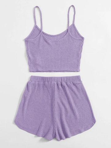 EZwear Waffle Knit Crop Cami Top & Knot Waist Shorts Set