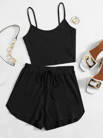 EZwear Waffle Knit Crop Cami Top & Knot Waist Shorts Set