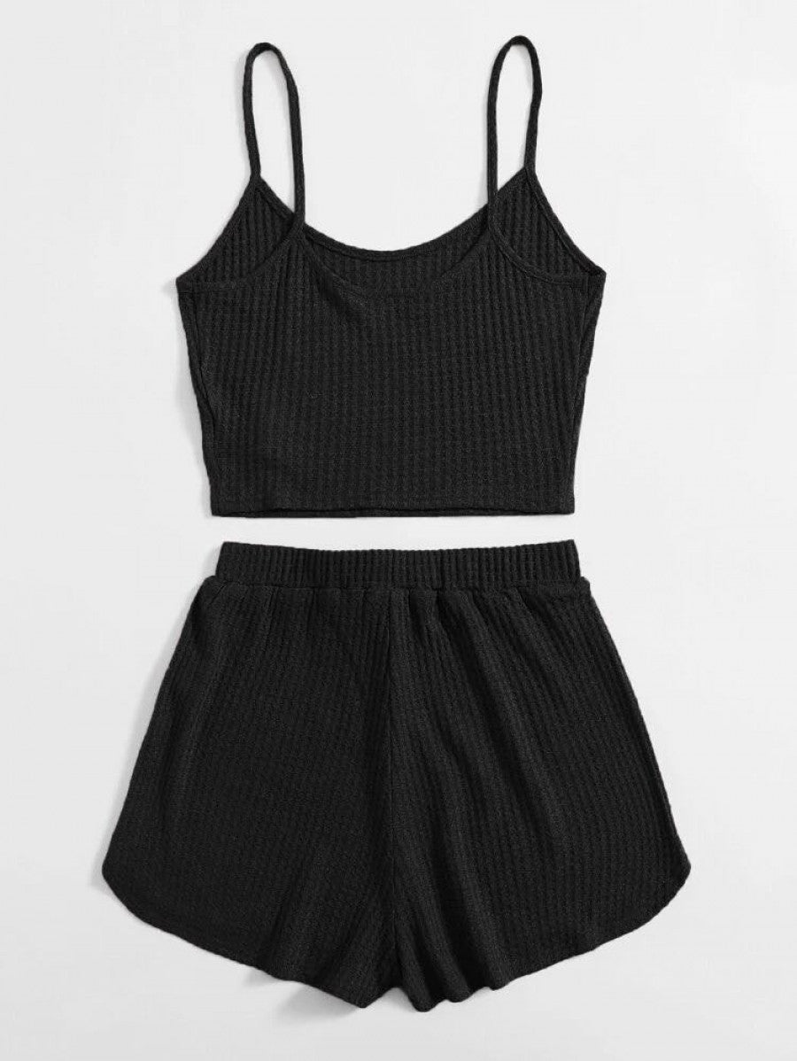 EZwear Waffle Knit Crop Cami Top & Knot Waist Shorts Set