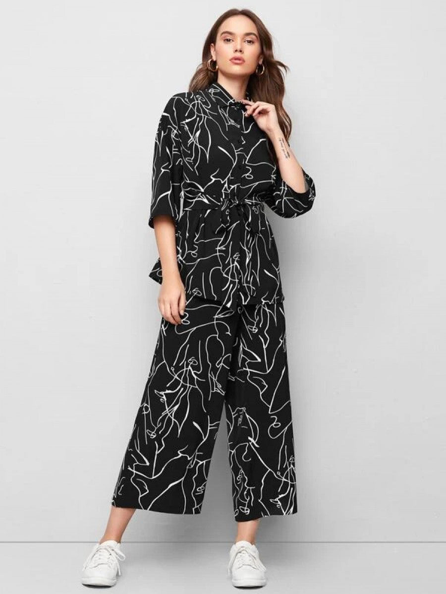 Collared Self Belted Allover Print Blouse & Wide Leg Pants Set