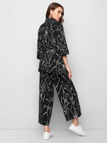 Collared Self Belted Allover Print Blouse & Wide Leg Pants Set