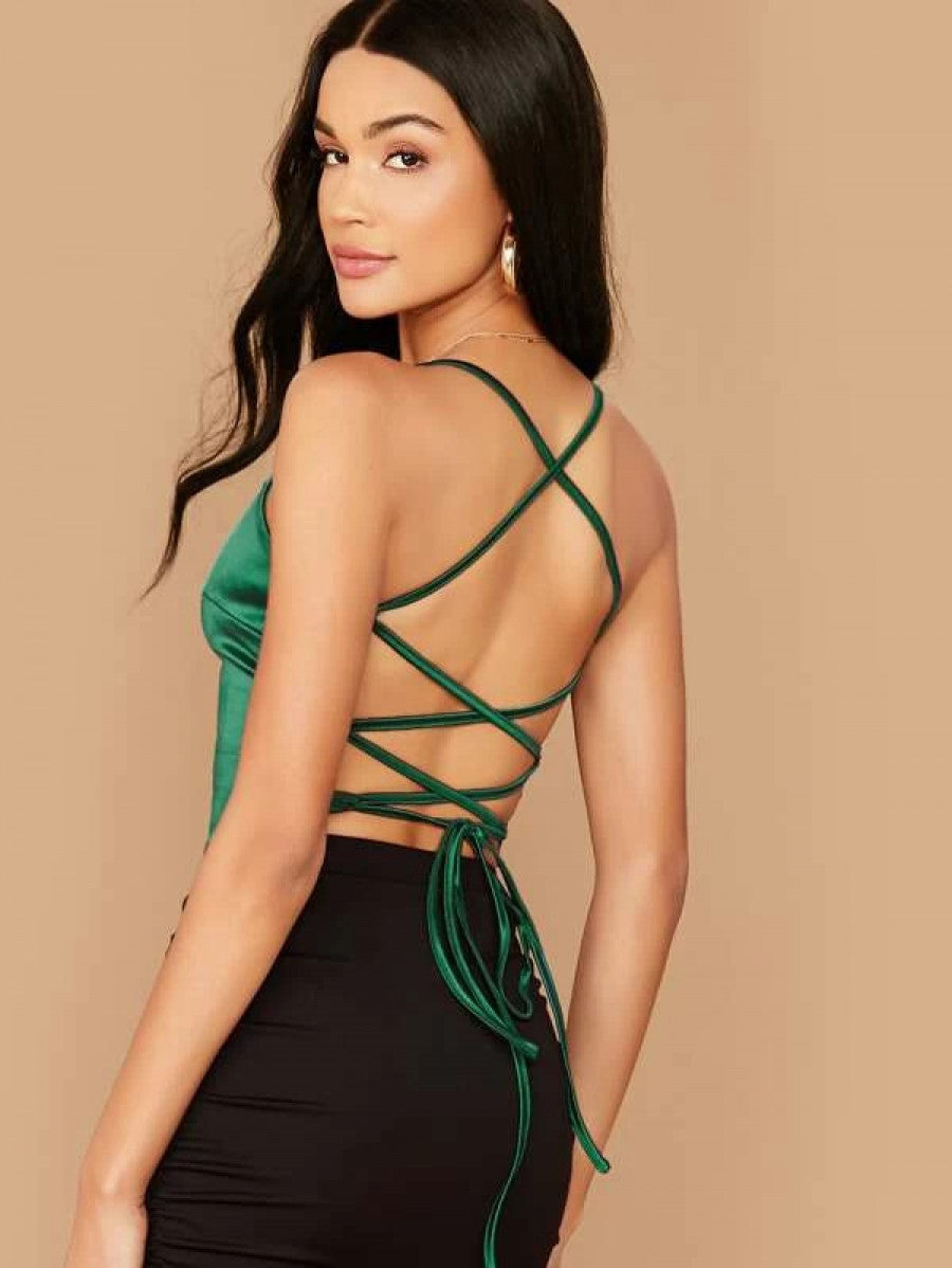 Satin Lace-Up Open-Back Cami Top