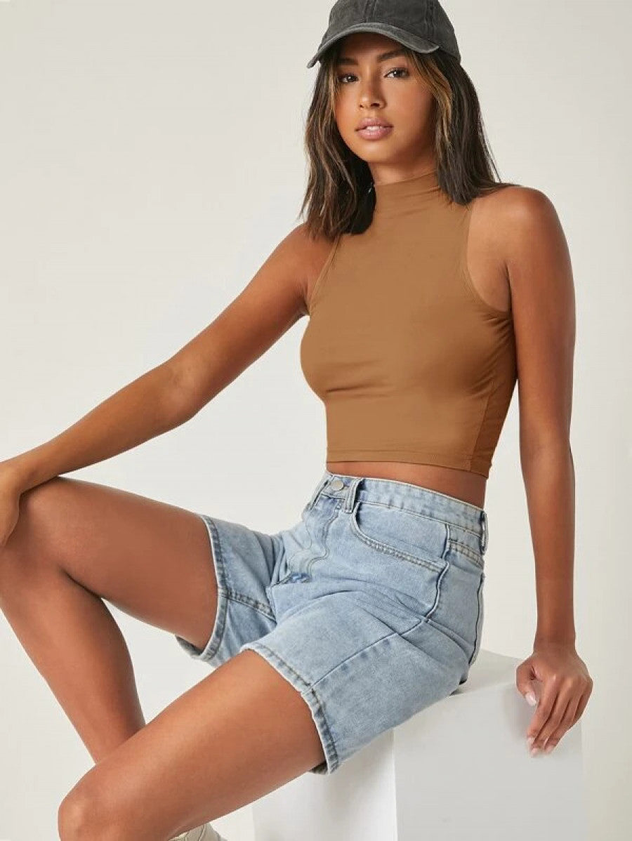 BASICS Solid Crop Halter Top