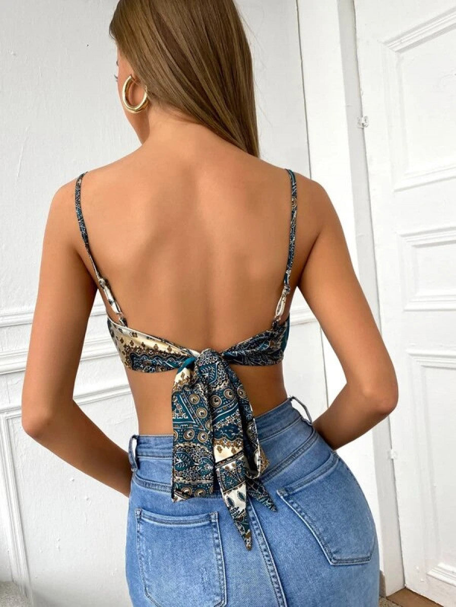 Scarf Print Tie Back Satin Cami Bandana Top