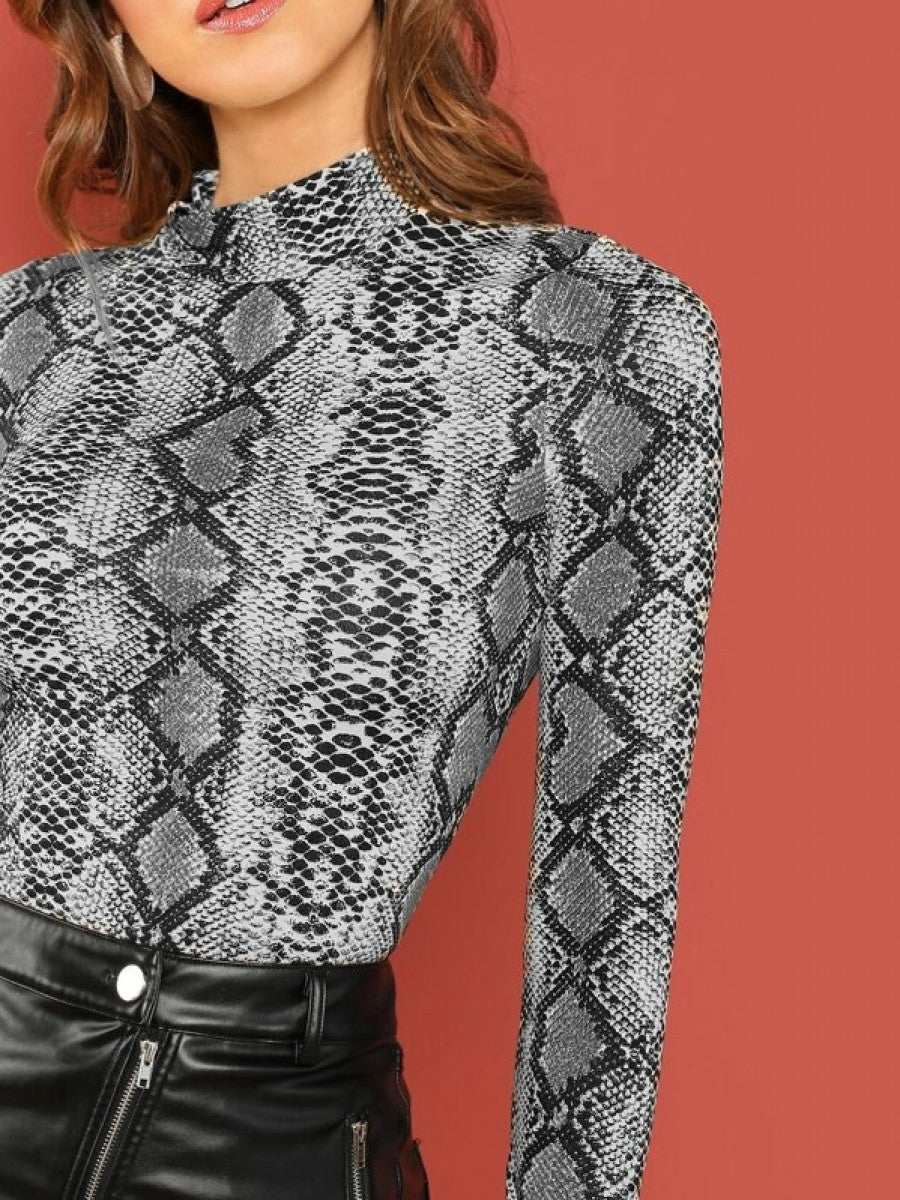 Form-Fitting Snakeskin Print Mock Neck Top