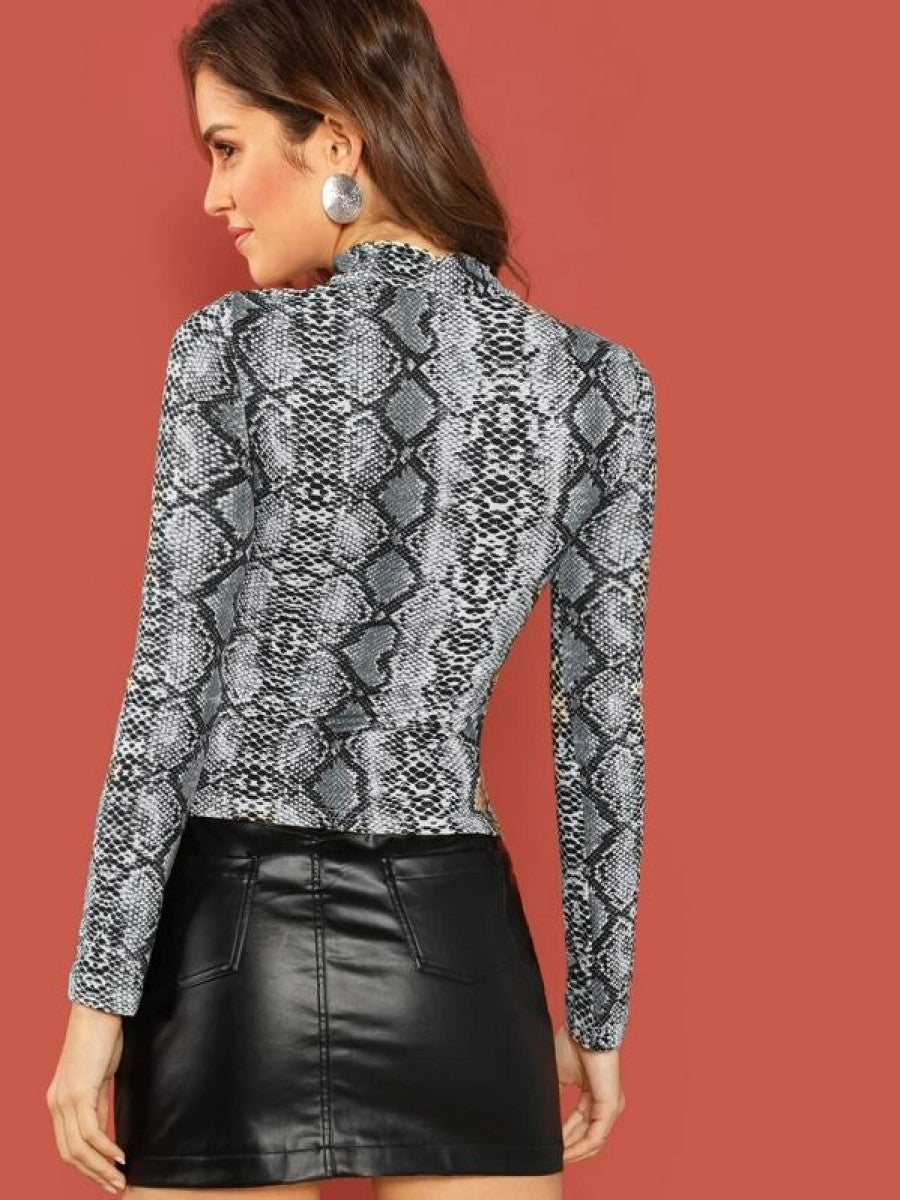 Form-Fitting Snakeskin Print Mock Neck Top